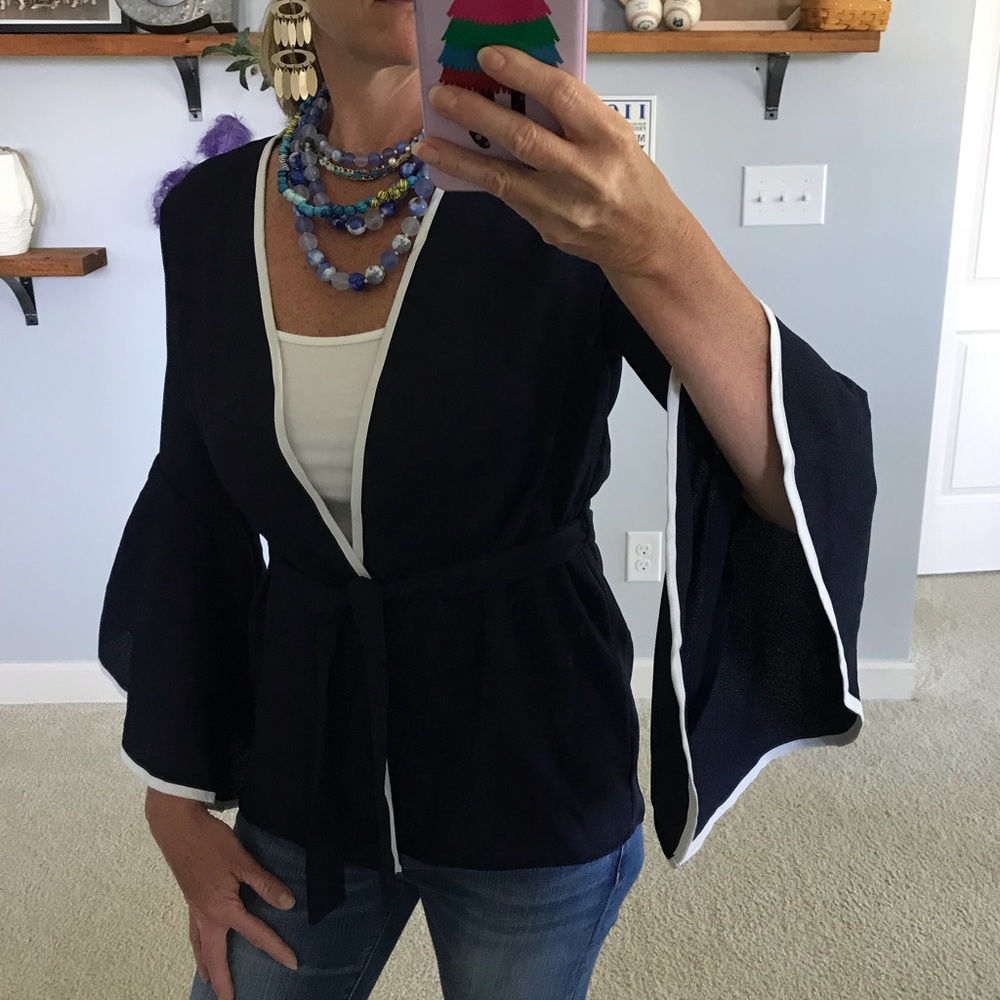 Navy Open Front Kimono Cardigan - Picture 3 of 8